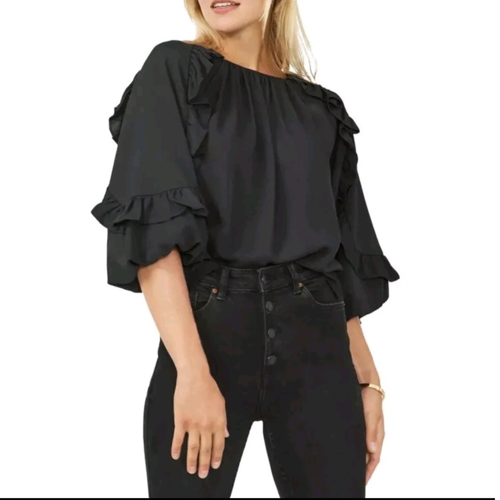 Vince Camuto -1698 Women's Ruffle Sleeve Gathered Top Blouse Black Size‎ Small